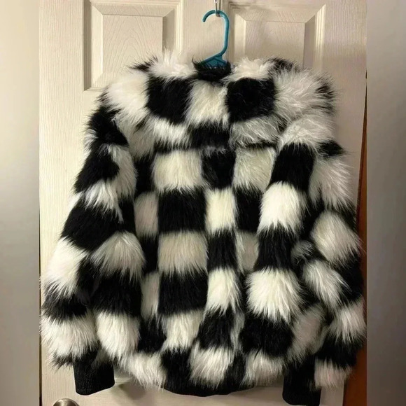 SMFK Chessboard Faux Fur Bomber Jacket - Picture 10 of 13